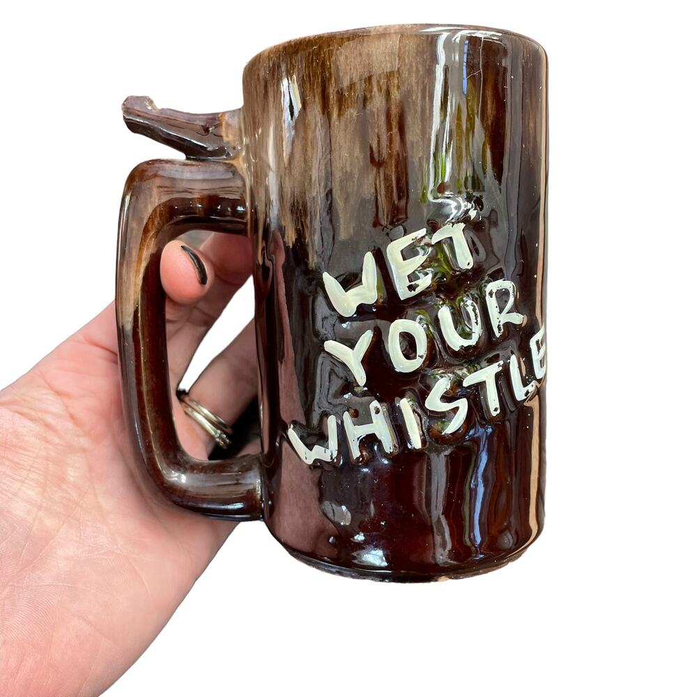 Vintage Wet Your Whistle Beer Mug Redware Novelty Man Gift Bar Ceramic Stein